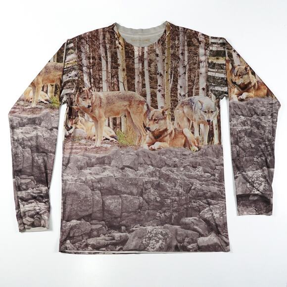 Get A Life Forest Trees Wolf Long Sleeve Tee Animal Dog T-Shirt Medium Brown Tan - Picture 1 of 8